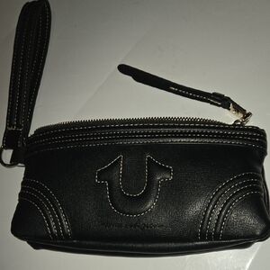 True Religion, black leather zip up wallet